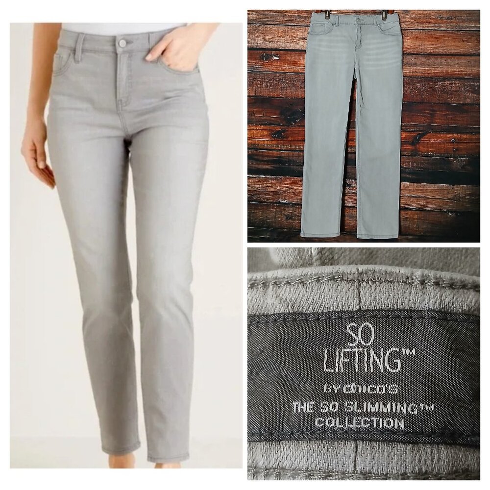 Chico's Jeans Size 1 Short US 8 So Lifting Mid Rise Straight Gray Denim Stretch
